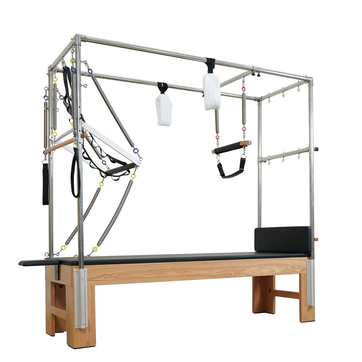Gymfrog Pilates Cadillac with black upholstery, three-quarter view