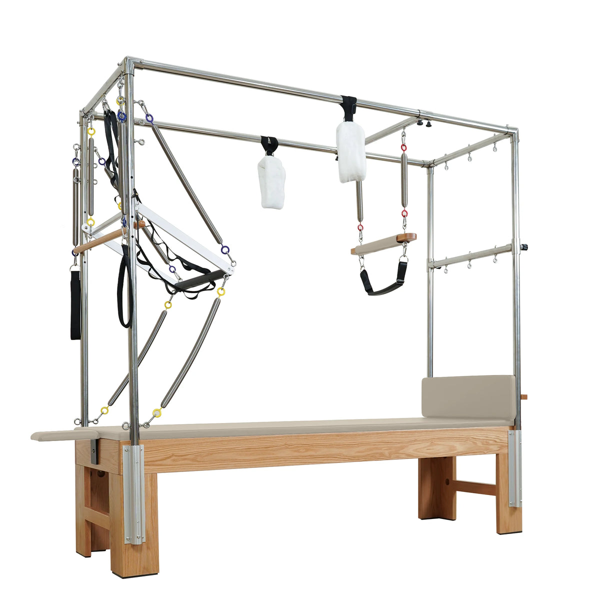 Gymfrog Pilates Cadillac with latte upholstery, three-quarter view