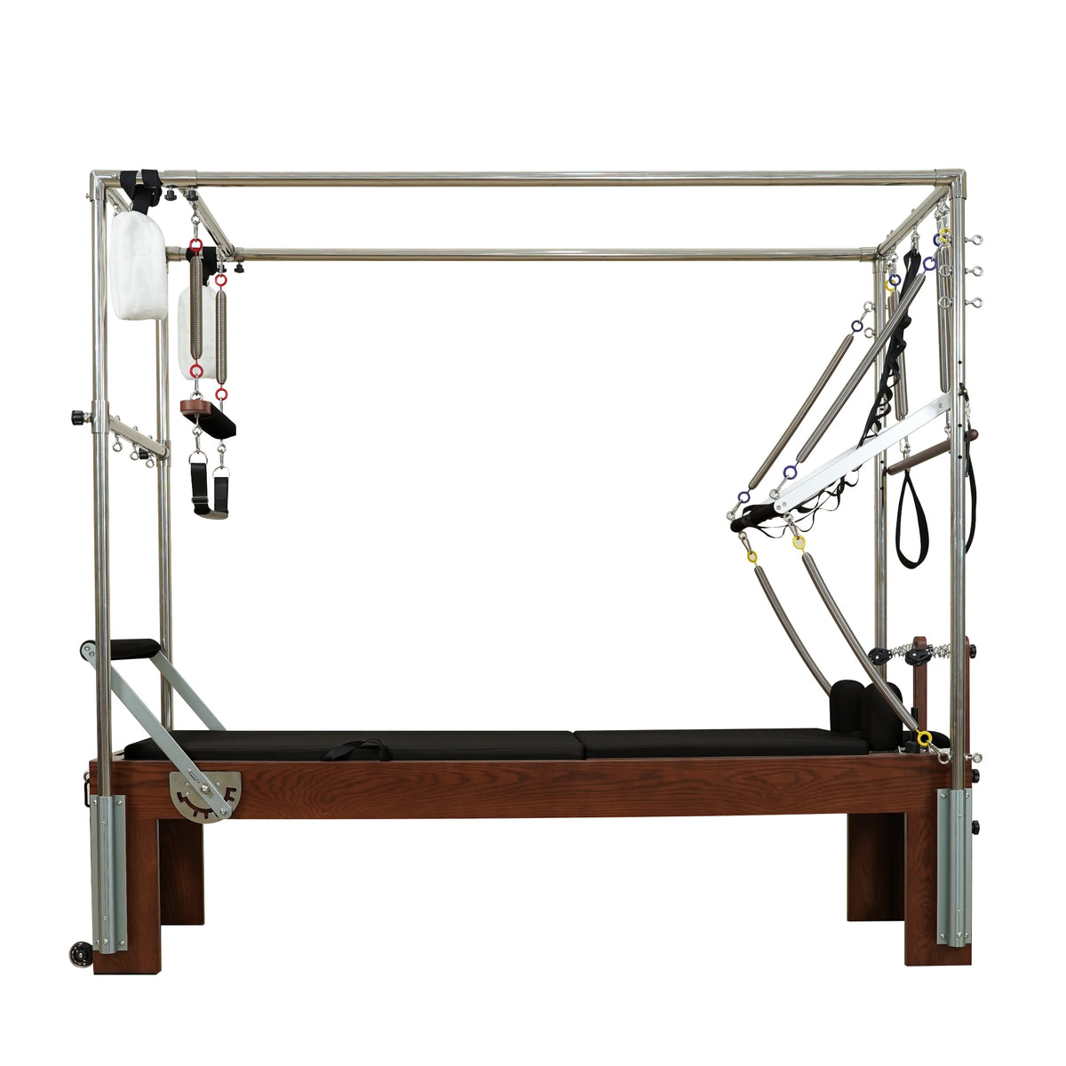 Gymfrog 3-in-1 Cadillac Reformer Combo with walnut finish and black upholstery, full side view