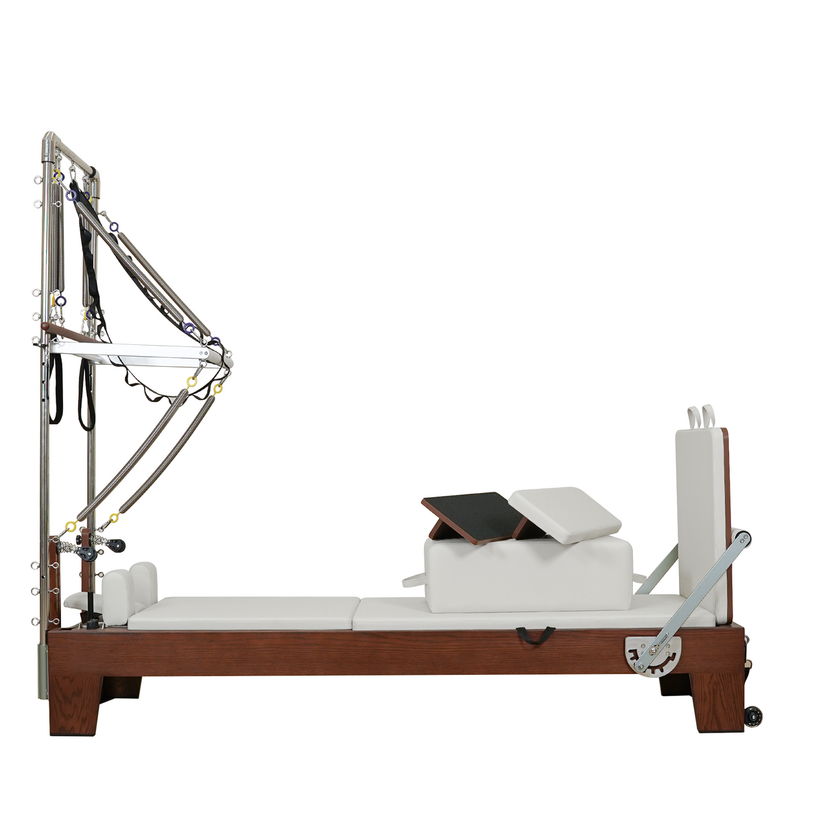 Gymfrog Pilates reformer with tower with beige upholstery, side view with tower