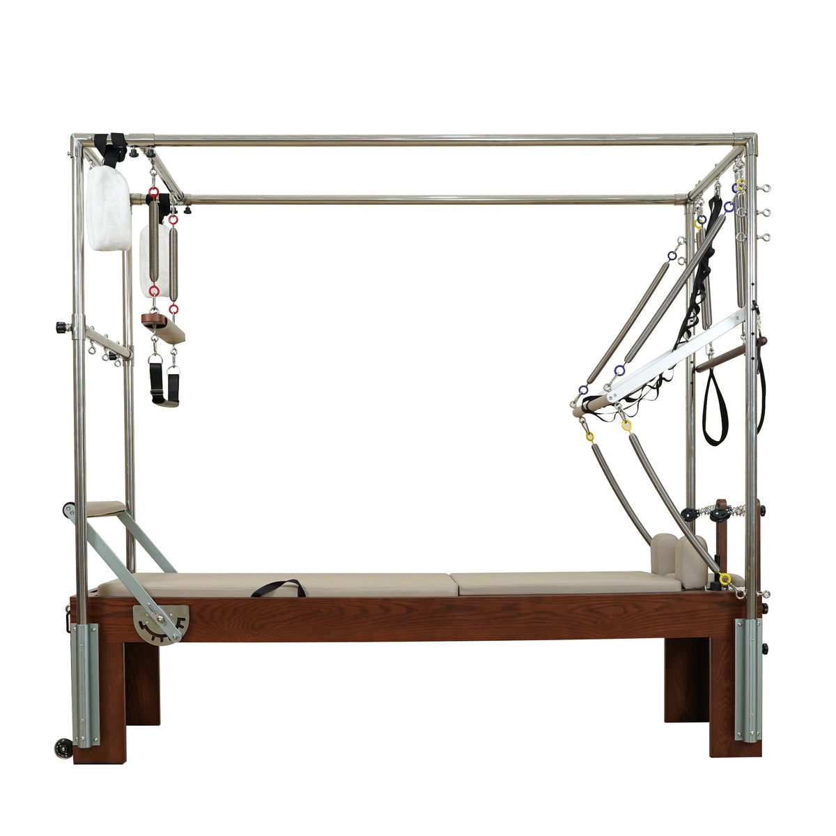 Gymfrog 3-in-1 Cadillac Reformer Combo with walnut finish and latte upholstery, full side view