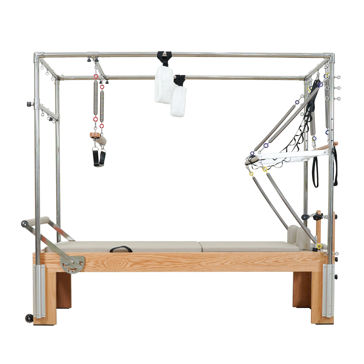 Gymfrog 3-in-1 Cadillac Reformer Combo with red oak frame and latte upholstery, full side view