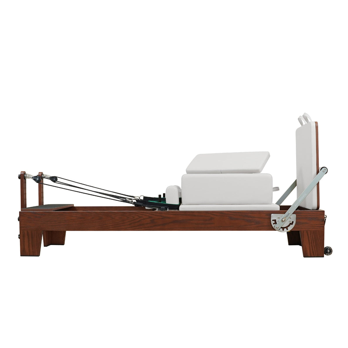 Gymfrog Pilates reformer with beige upholstery, side view