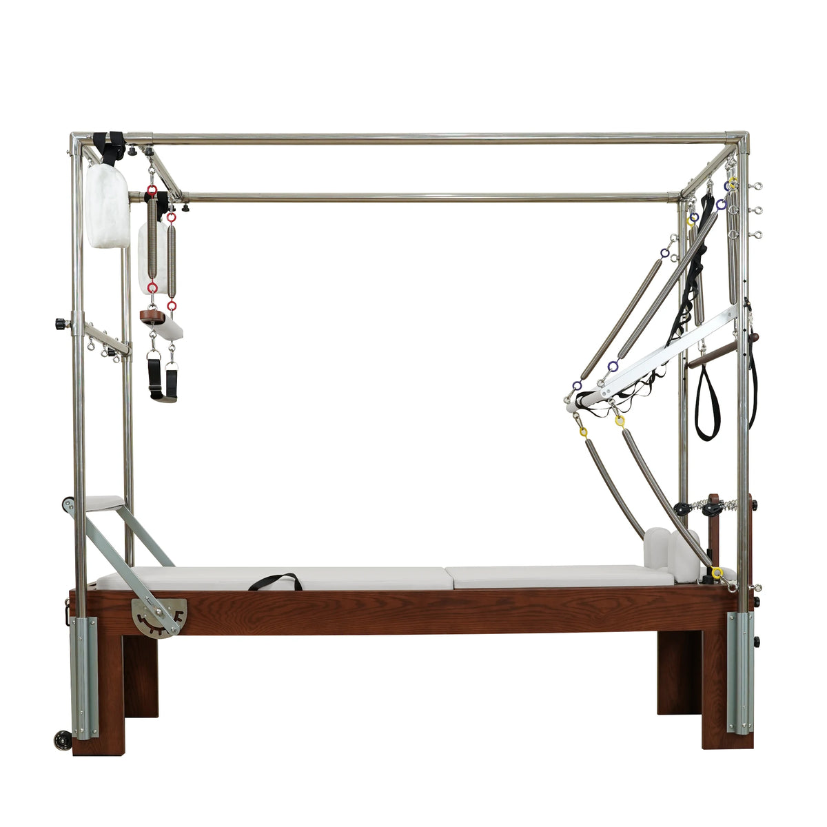 Gymfrog 3-in-1 Cadillac Reformer Combo with walnut finish and beige upholstery, full side view