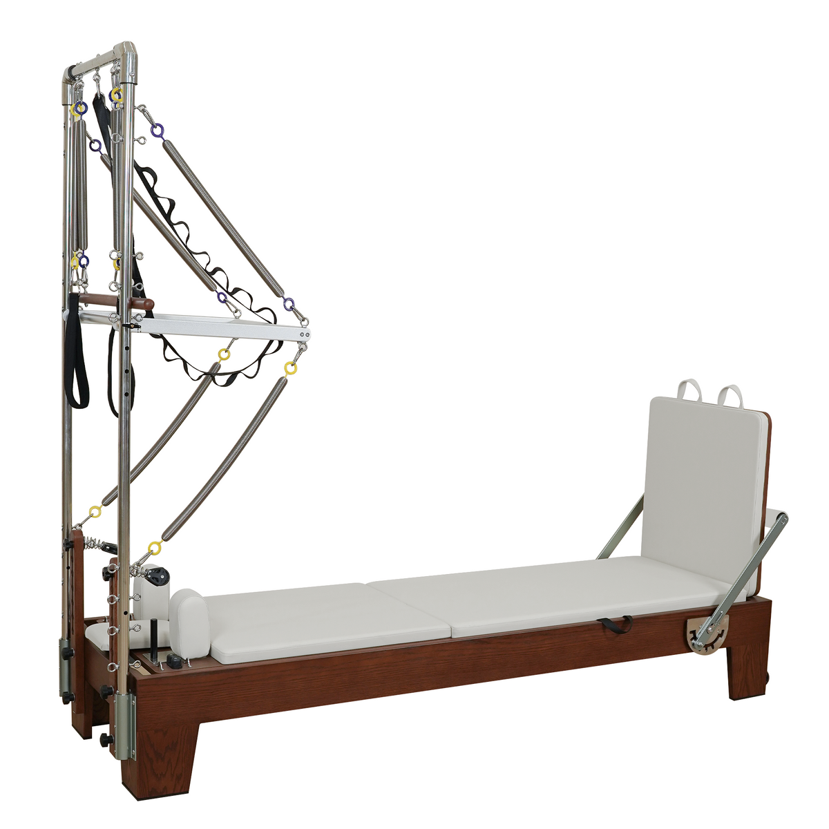 Gymfrog Pilates reformer with tower with beige upholstery, three-quarter view of reformer and tower