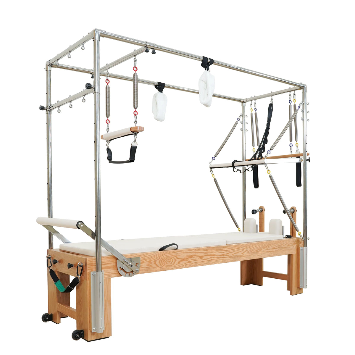 Gymfrog 3-in-1 Cadillac Reformer Combo with red oak frame and beige upholstery, opposite three-quarter view