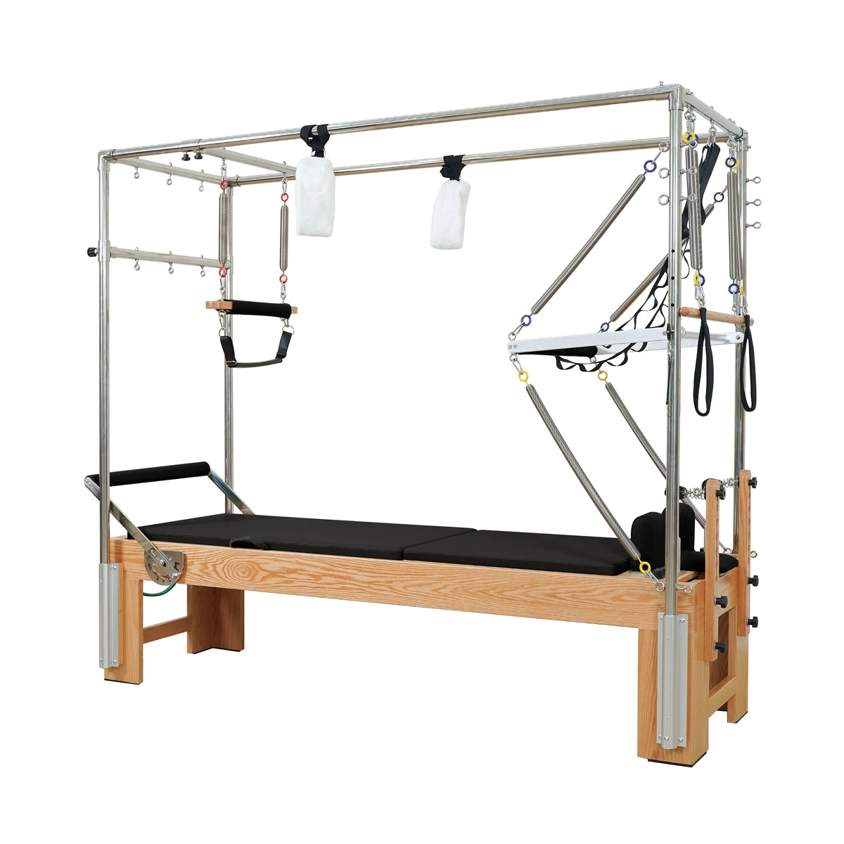 Gymfrog 3-in-1 Cadillac Reformer Combo with red oak frame and black upholstery, three-quarter view