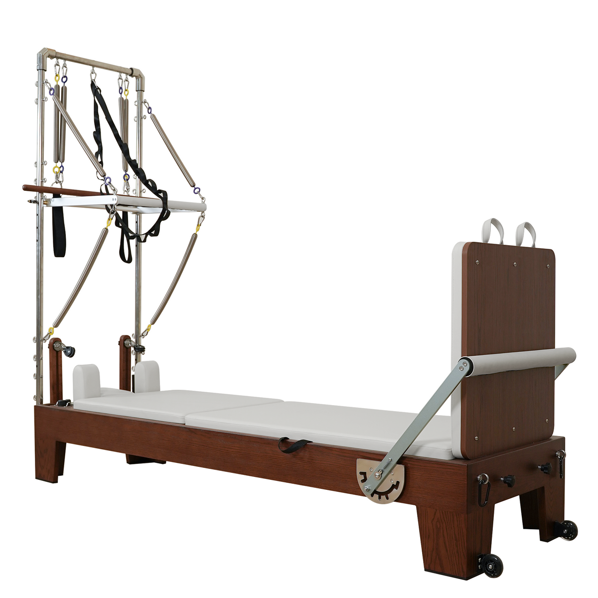 Gymfrog Pilates reformer with tower with beige upholstery, opposite three-quarter view with tower
