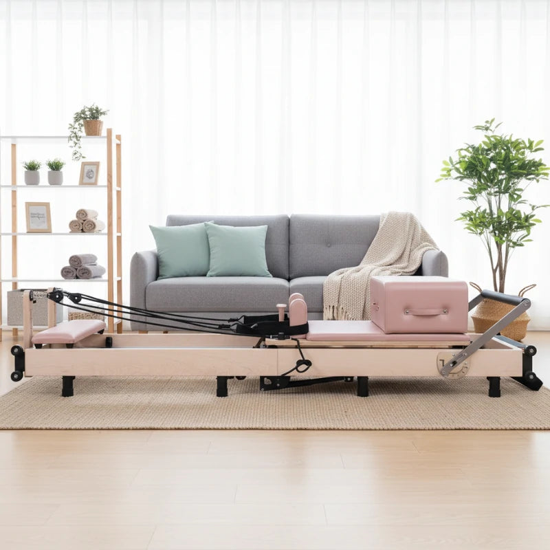 Maple Adjustable-Leg Foldable Pilates Reformer Pink