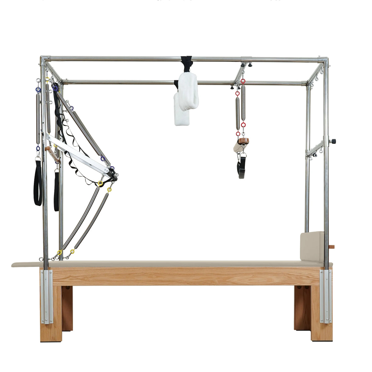 Gymfrog Pilates Cadillac with latte upholstery, full side view