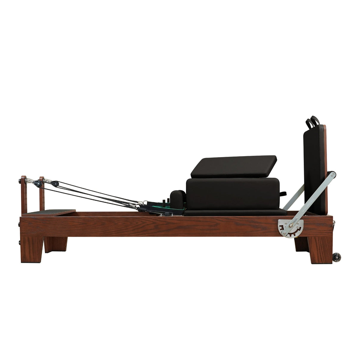 Gymfrog Pilates reformer with black upholstery, side view