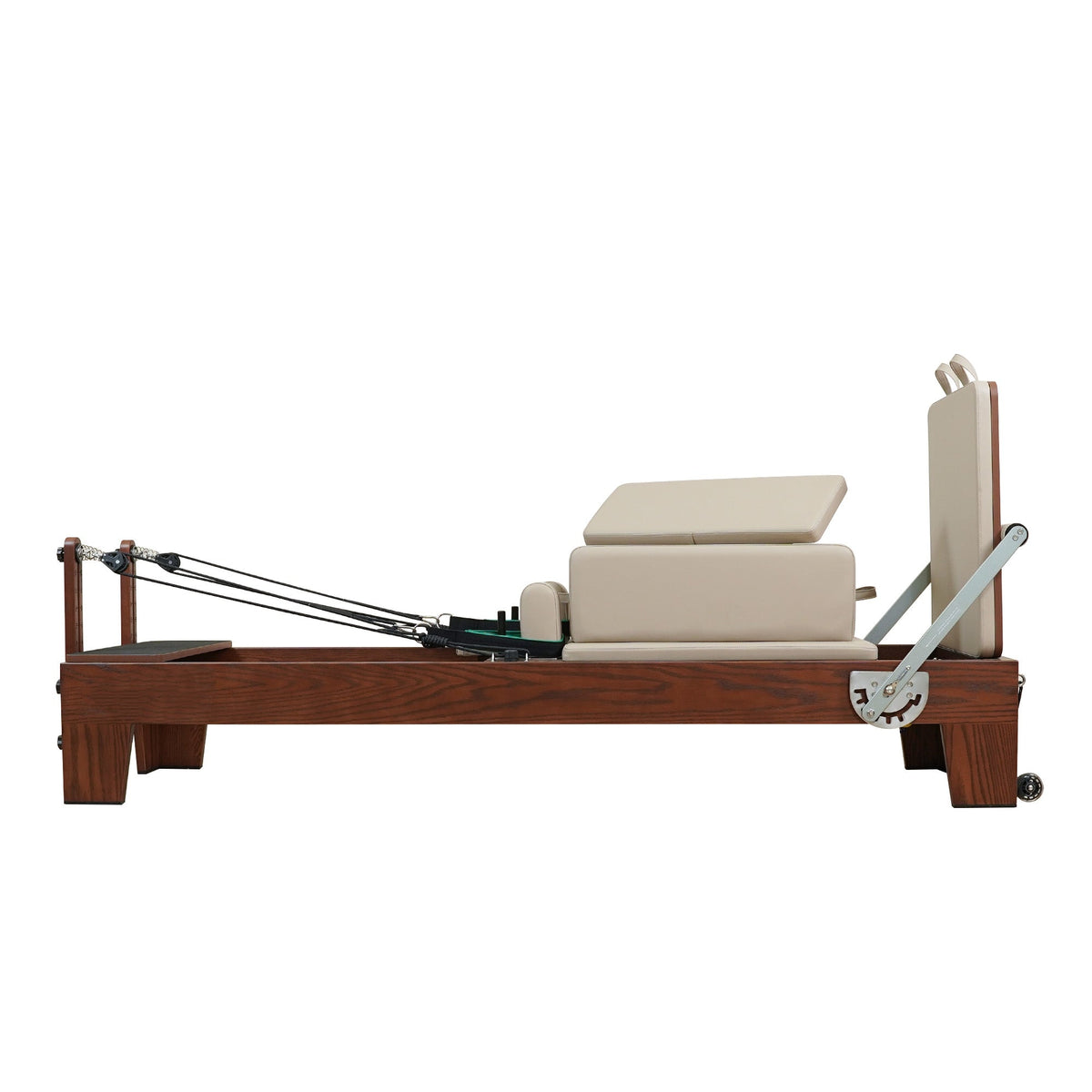 Gymfrog Pilates reformer with latte upholstery, side view