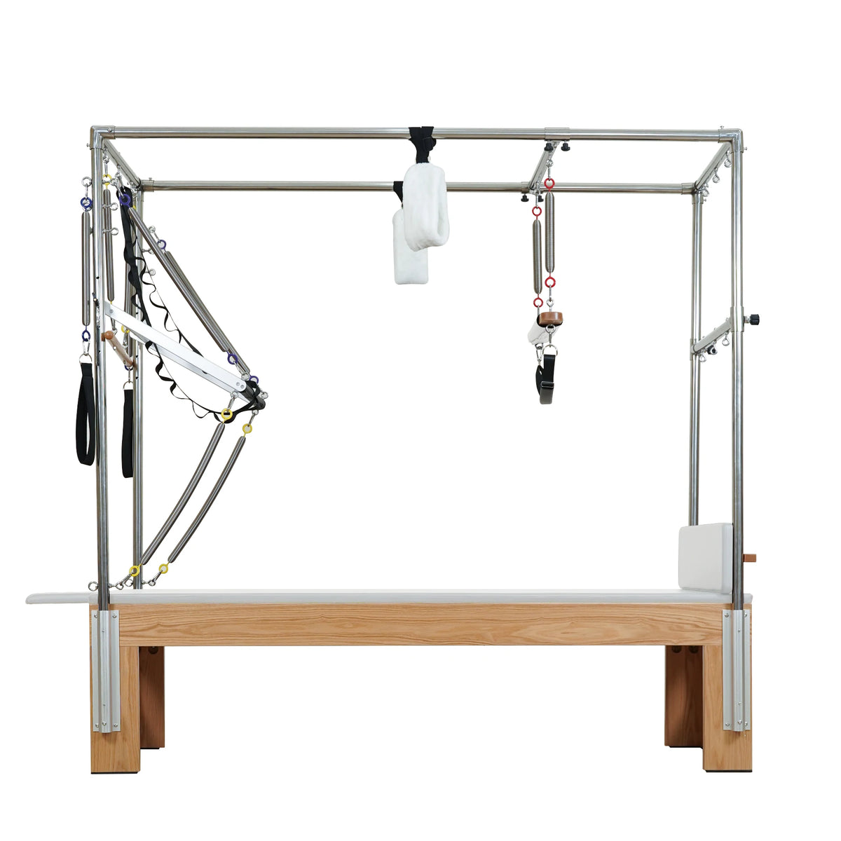 Gymfrog Pilates Cadillac with beige upholstery, full side view