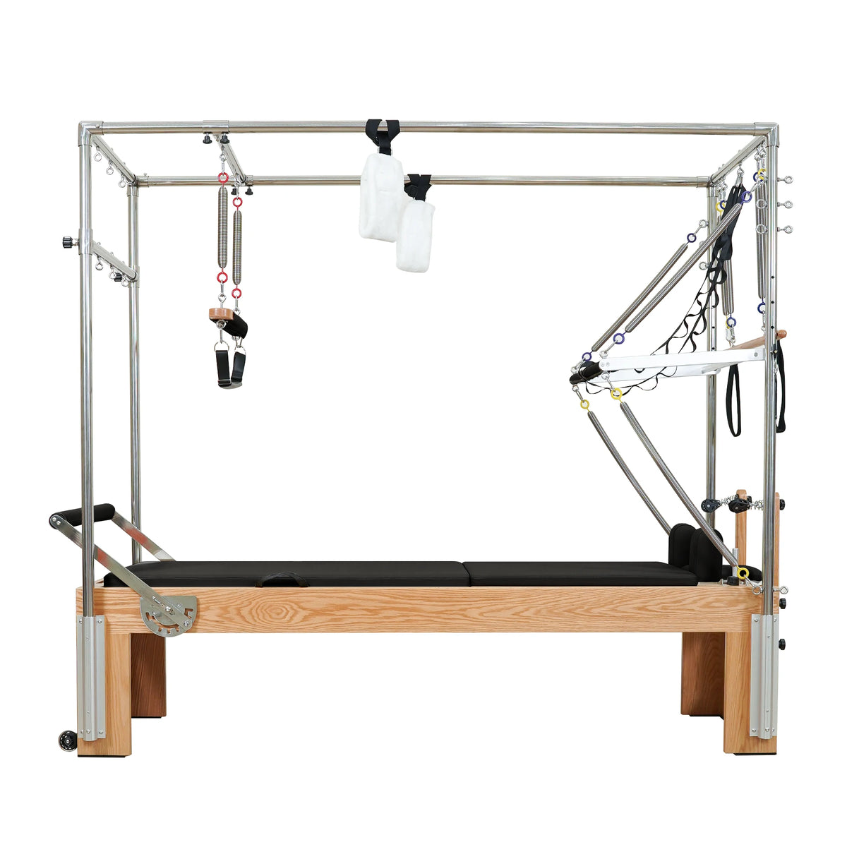 Gymfrog 3-in-1 Cadillac Reformer Combo with red oak frame and black upholstery, full side view