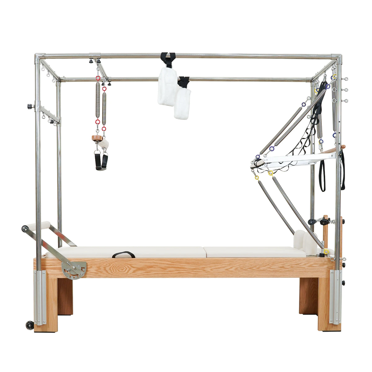 Gymfrog 3-in-1 Cadillac Reformer Combo with red oak frame and beige upholstery, full side view