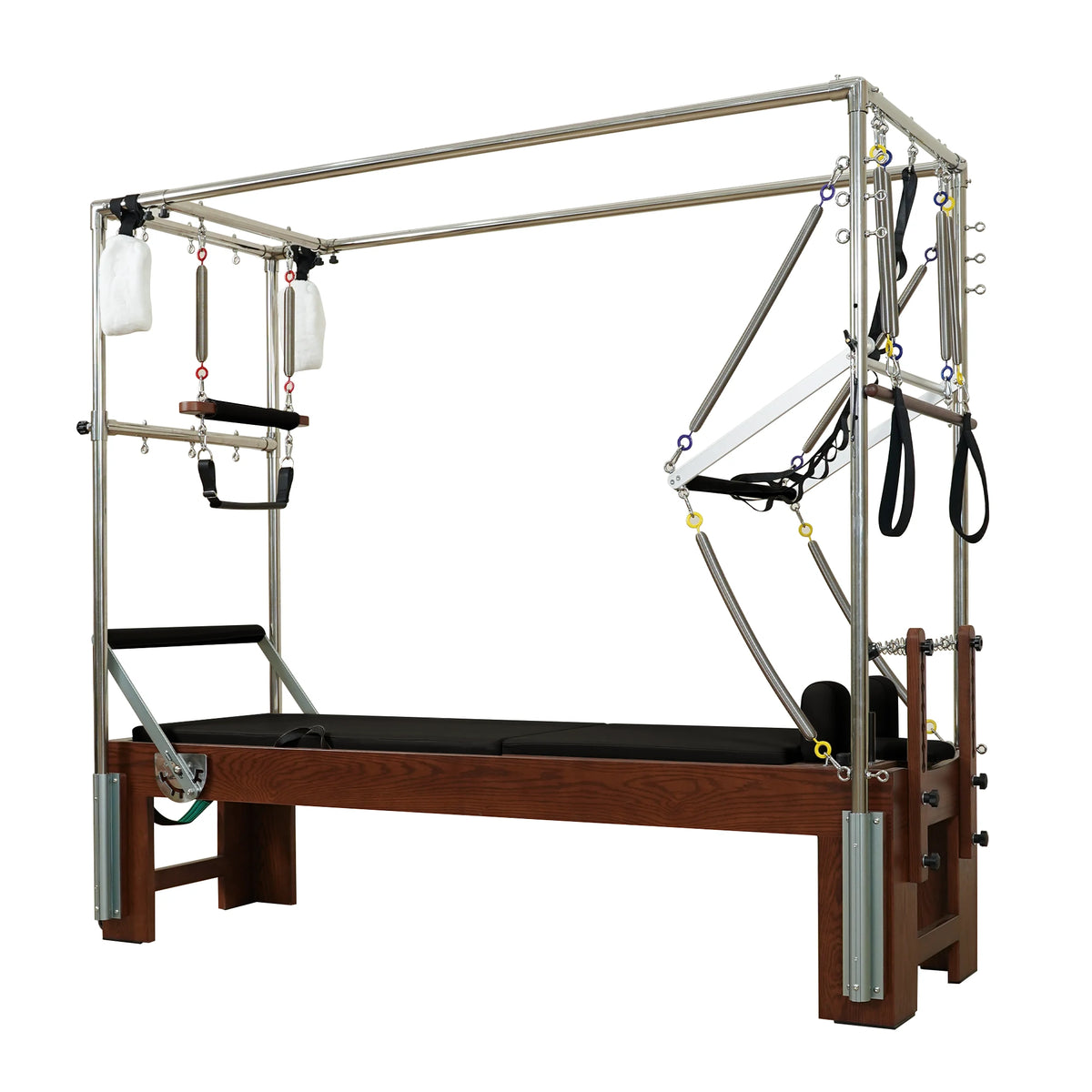 Gymfrog 3-in-1 Cadillac Reformer Combo with walnut finish and black upholstery, three-quarter view