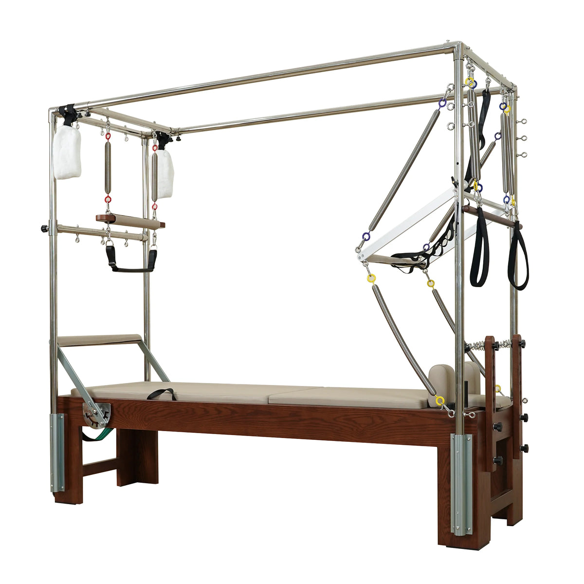 Gymfrog 3-in-1 Cadillac Reformer Combo with walnut finish and latte upholstery, three-quarter view