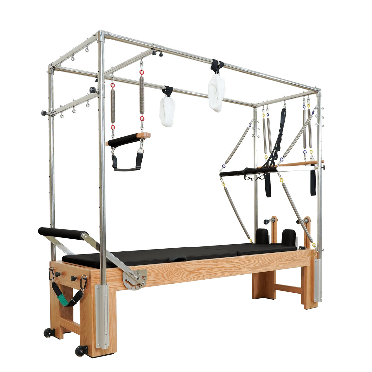 Gymfrog 3-in-1 Cadillac Reformer Combo with red oak frame and black upholstery, opposite three-quarter view