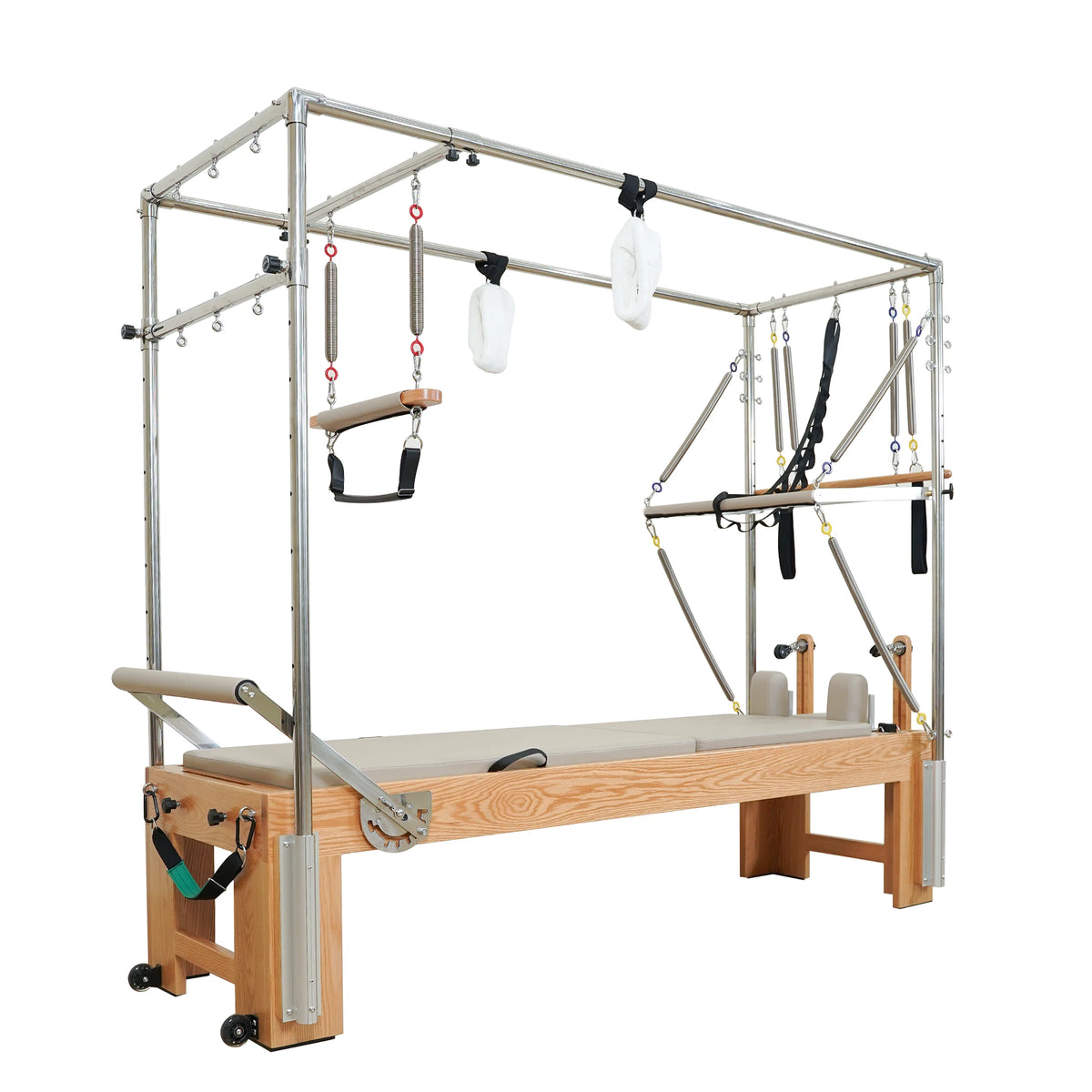 Gymfrog 3-in-1 Cadillac Reformer Combo with red oak frame and latte upholstery, opposite three-quarter view