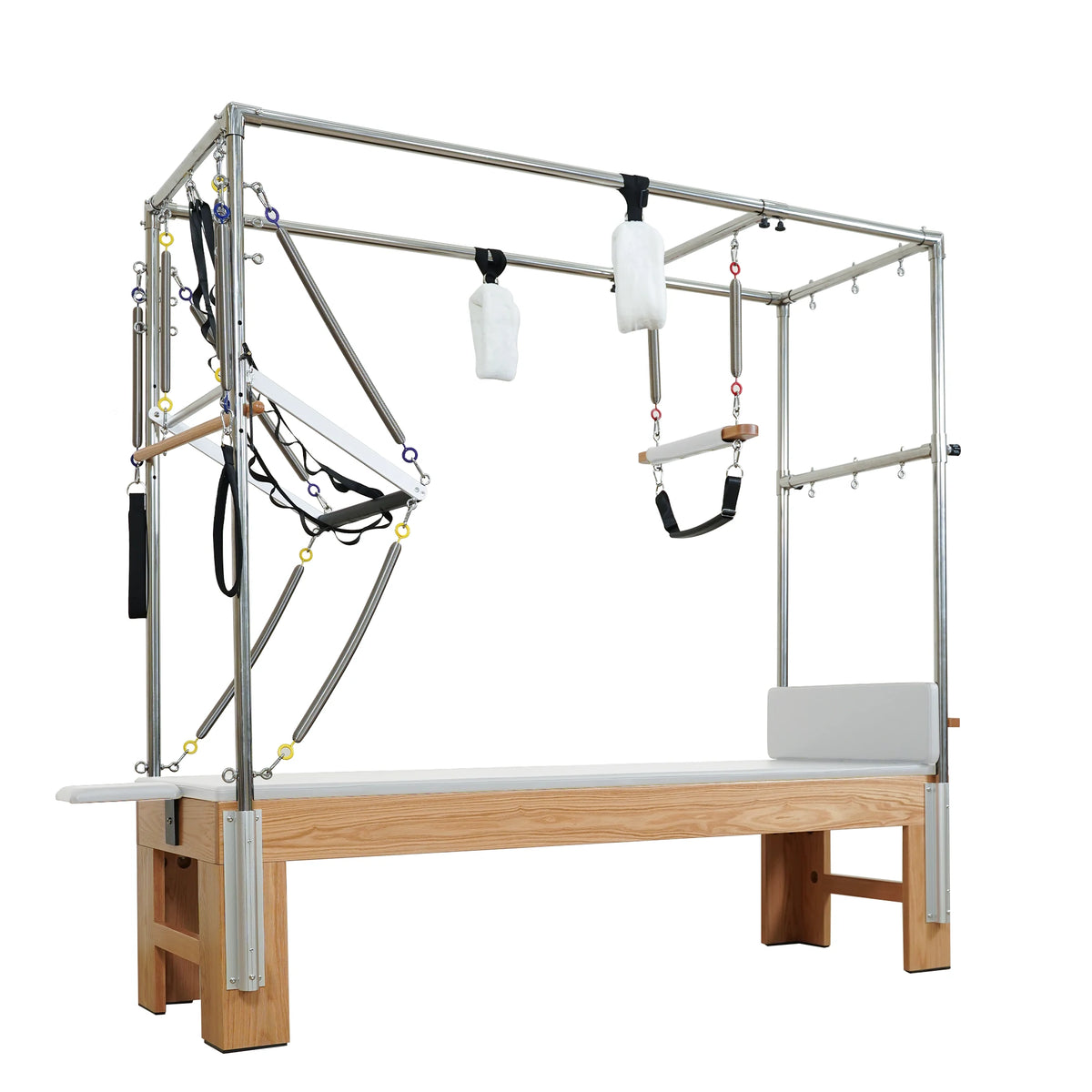 Gymfrog Pilates Cadillac with beige upholstery, three-quarter view