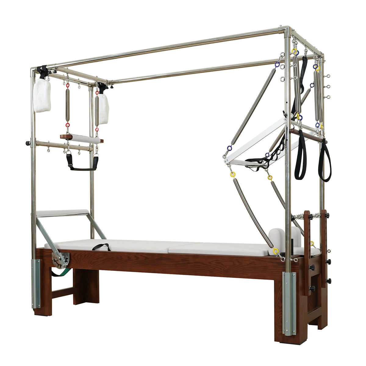 Gymfrog 3-in-1 Cadillac Reformer Combo with walnut finish and beige upholstery, three-quarter view