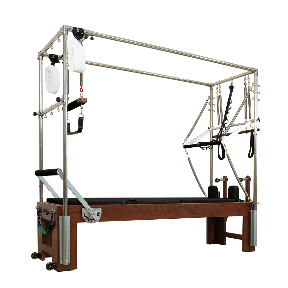 Gymfrog 3-in-1 Cadillac Reformer Combo with walnut finish and black upholstery, opposite three-quarter view