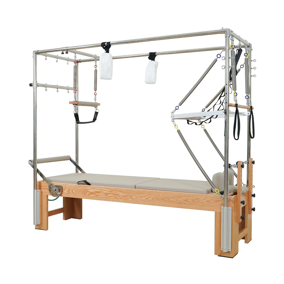 Gymfrog 3-in-1 Cadillac Reformer Combo with red oak frame and latte upholstery, three-quarter view