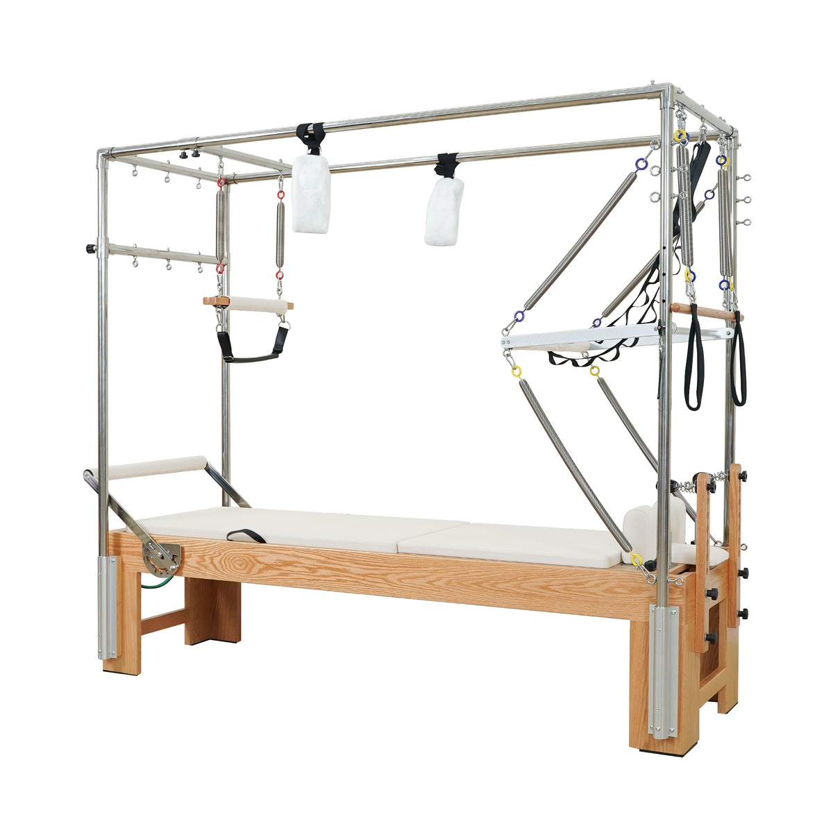 Gymfrog 3-in-1 Cadillac Reformer Combo with red oak frame and beige upholstery, three-quarter view