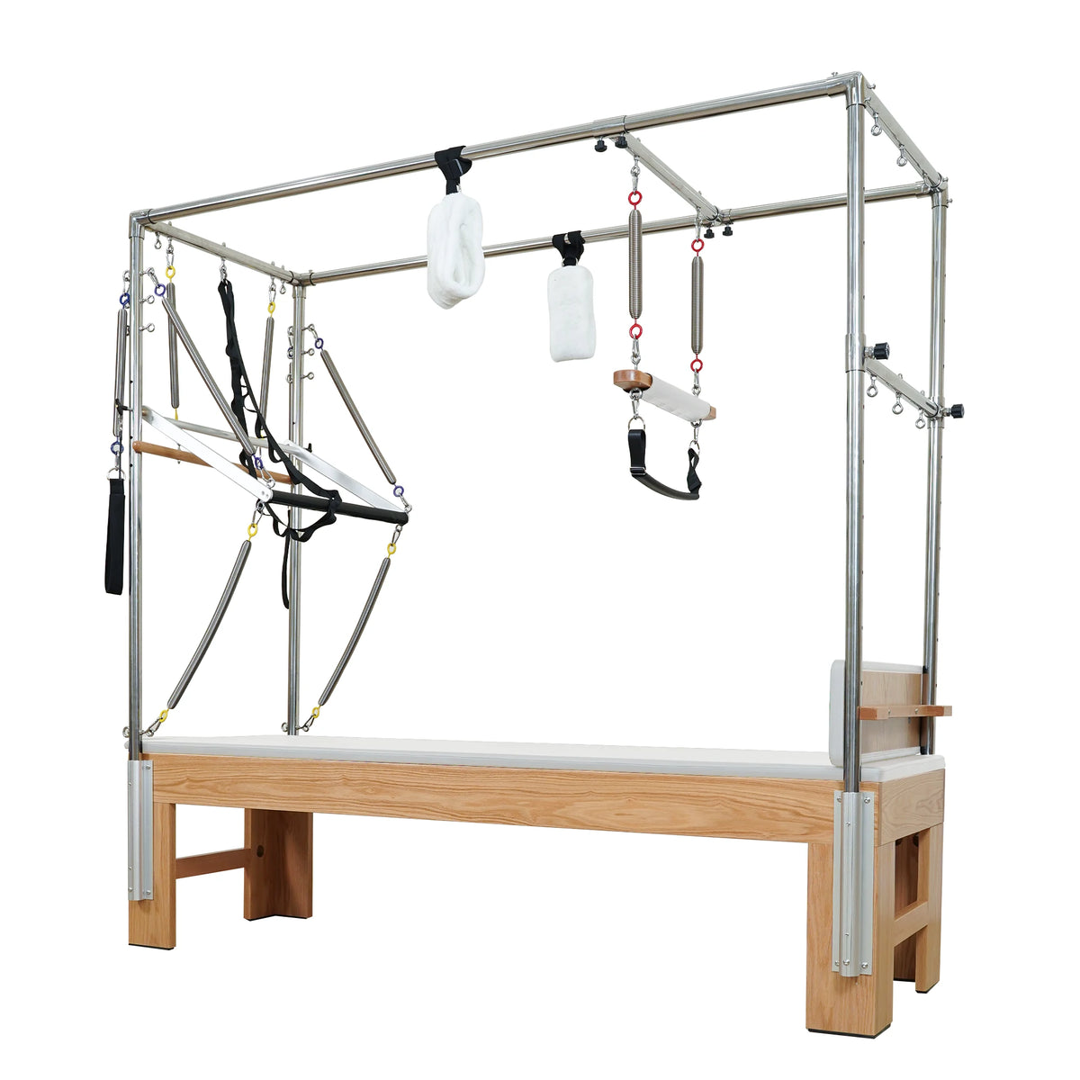 Gymfrog Pilates Cadillac with beige upholstery, opposite three-quarter view